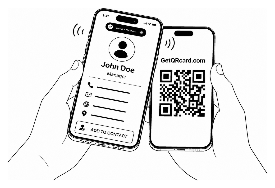 Dos teléfonos frente a frente: uno muestra un código QR de GetQRcard, el otro la tarjeta de visita recibida, lista para añadir a los contactos.